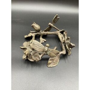 Vtg Cast Iron Dragonfly And Flower Candle Holder